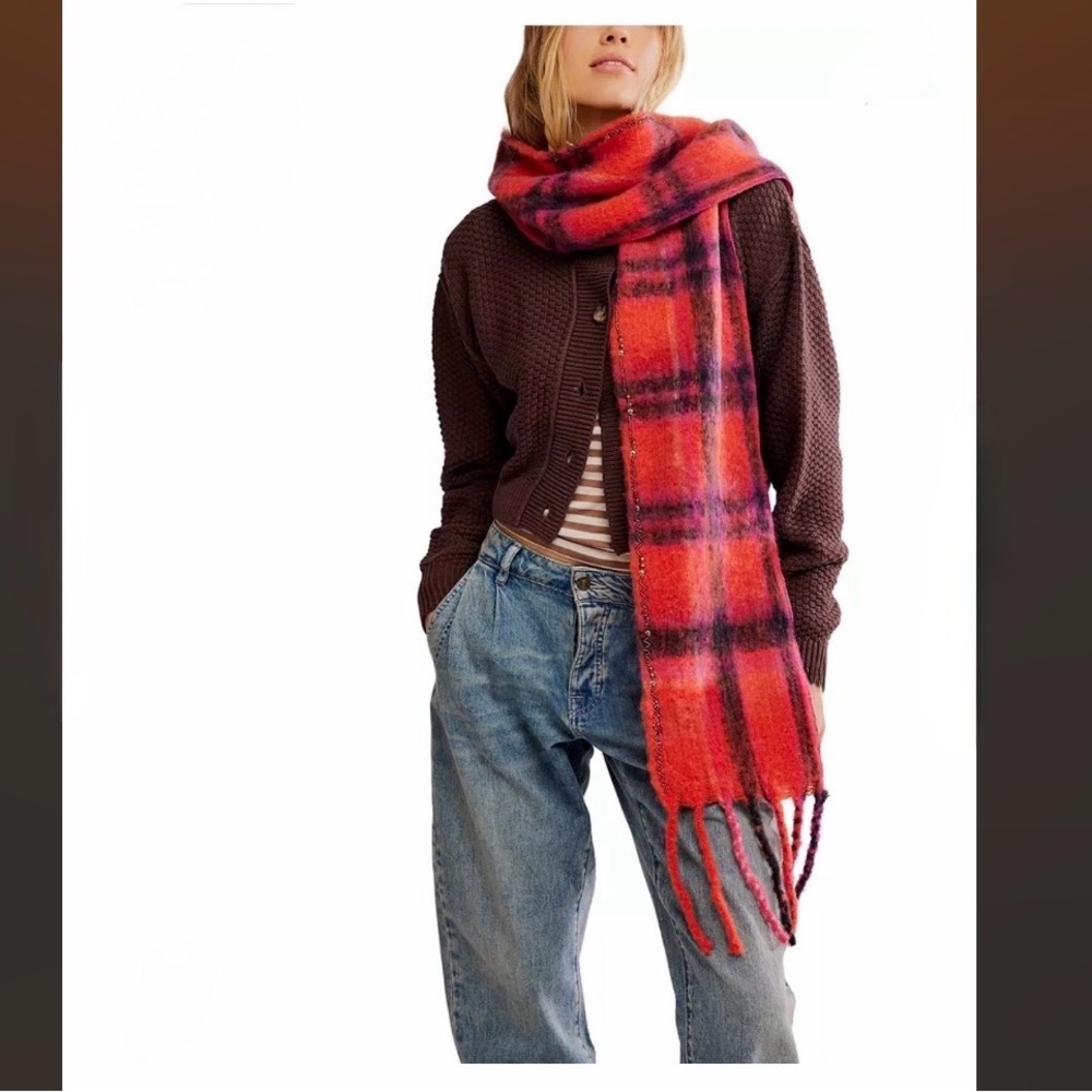 Free People Highland Plaid Skinny Scarf new NWT polyester pink purple